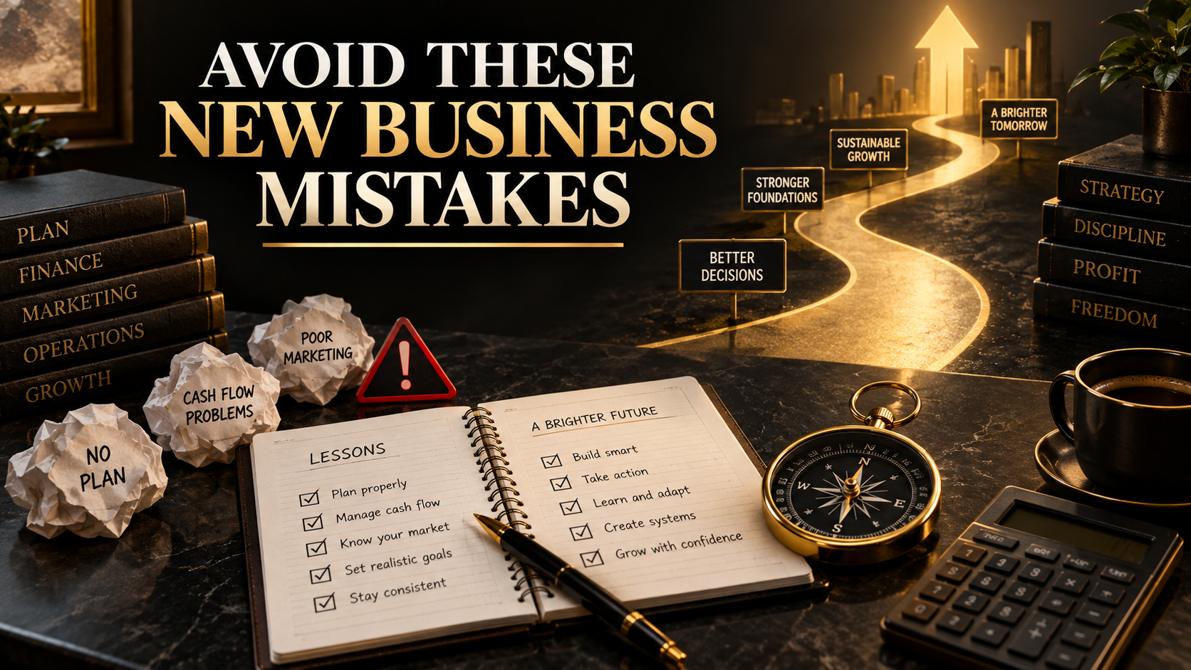 Business planning desk showing common mistakes, a checklist and a path to sustainable growth
