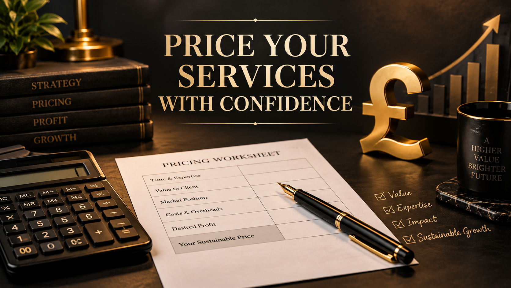 Pricing strategy desk with calculator, worksheet, pound symbol and growth chart