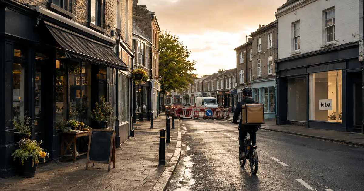 British high street with independent shops, roadworks, a vacant unit and a delivery cyclist