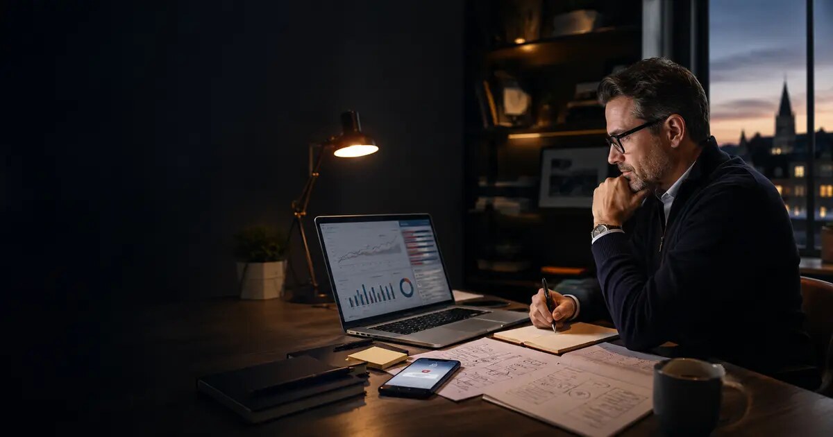 UK small-business owner reviewing website analytics, content plans and customer enquiries